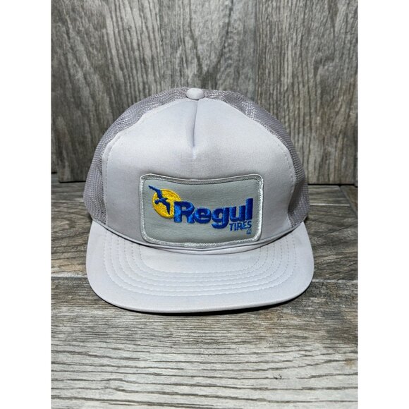 Vintage 80's Regul Tire Flat Brim Grey Trucker Snapback Hat Baseball Cap Patch - Picture 4 of 8